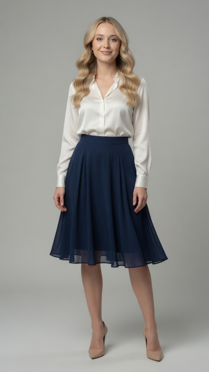 Full-body fashion try-on avatar — blonde woman in white blouse and navy skirt